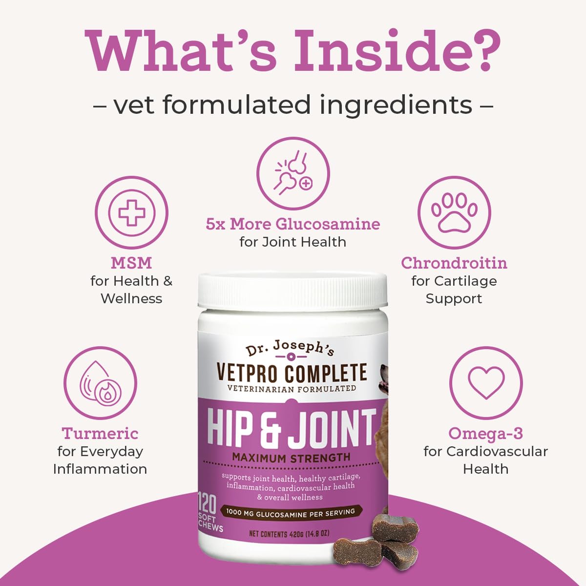 VetPro Complete chicken-flavored chews close-up with a tasty bite for joint care.