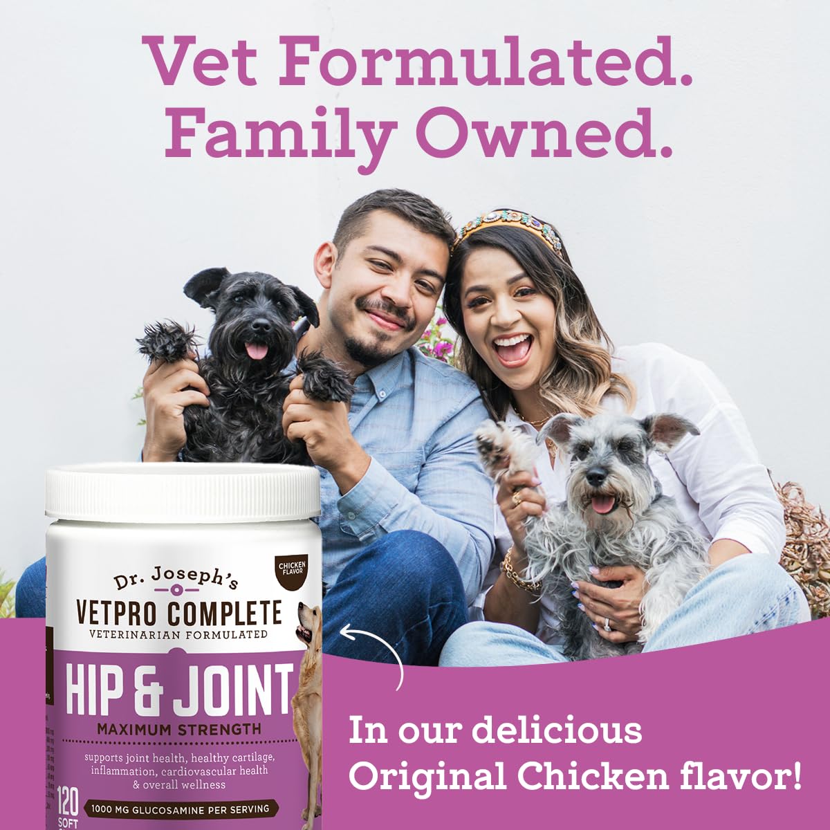 VetPro Complete omega-3 visuals highlight heart and coat benefits.