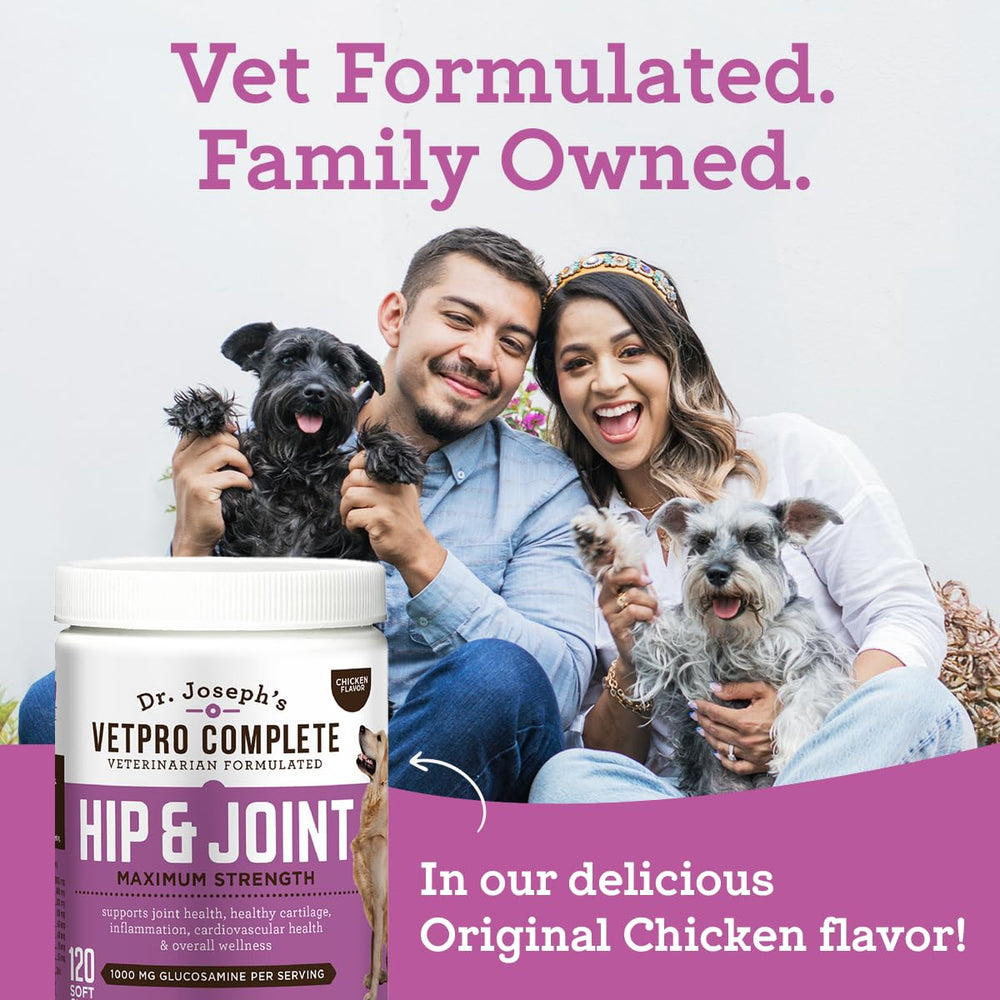 VetPro Complete omega-3 visuals highlight heart and coat benefits.