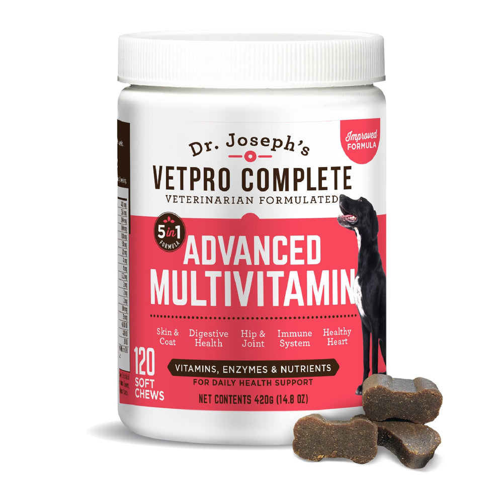 VetPro Complete dog multivitamin chew bottle close-up promoting daily vitality.