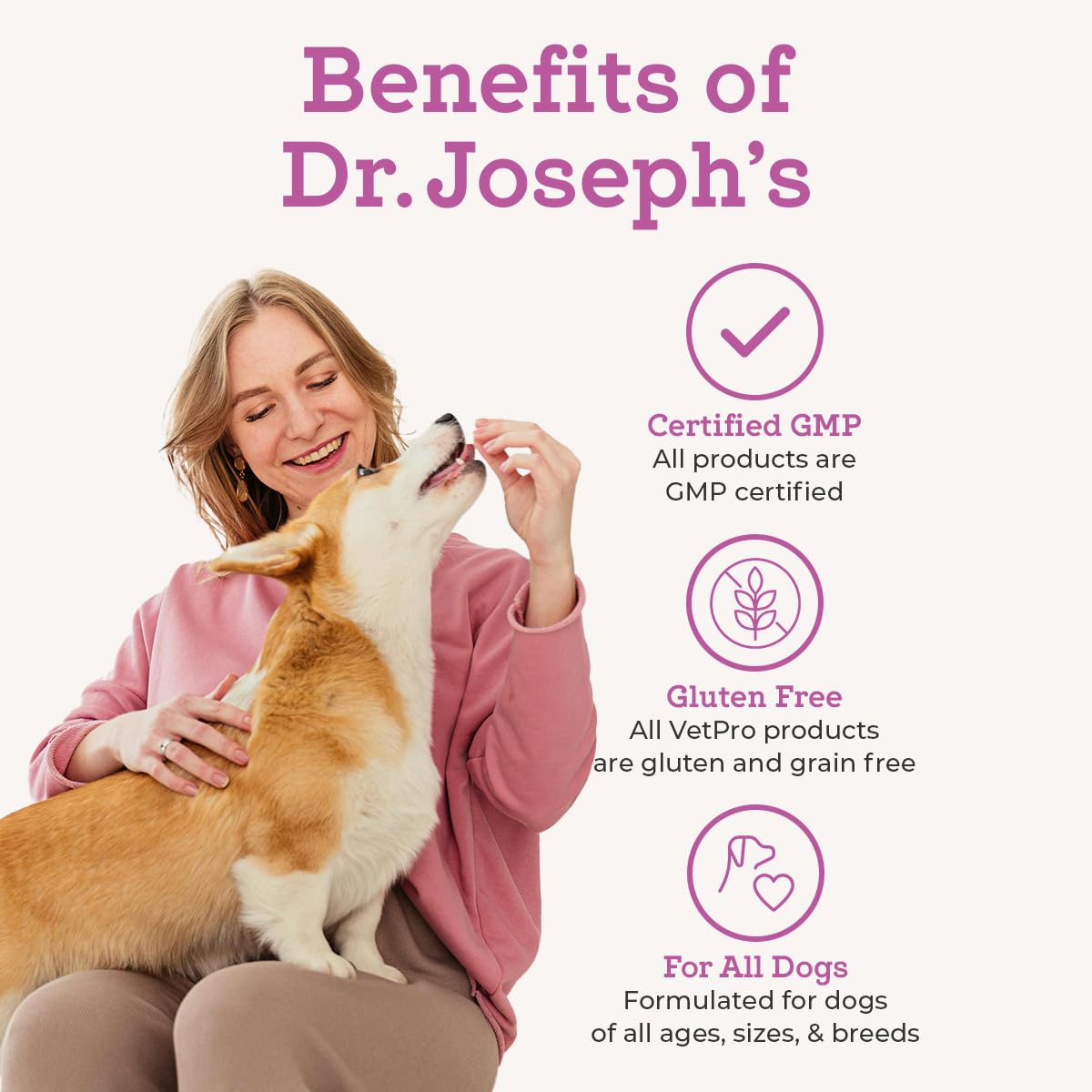 VetPro Complete dog-playing image suggests improved mobility after use.