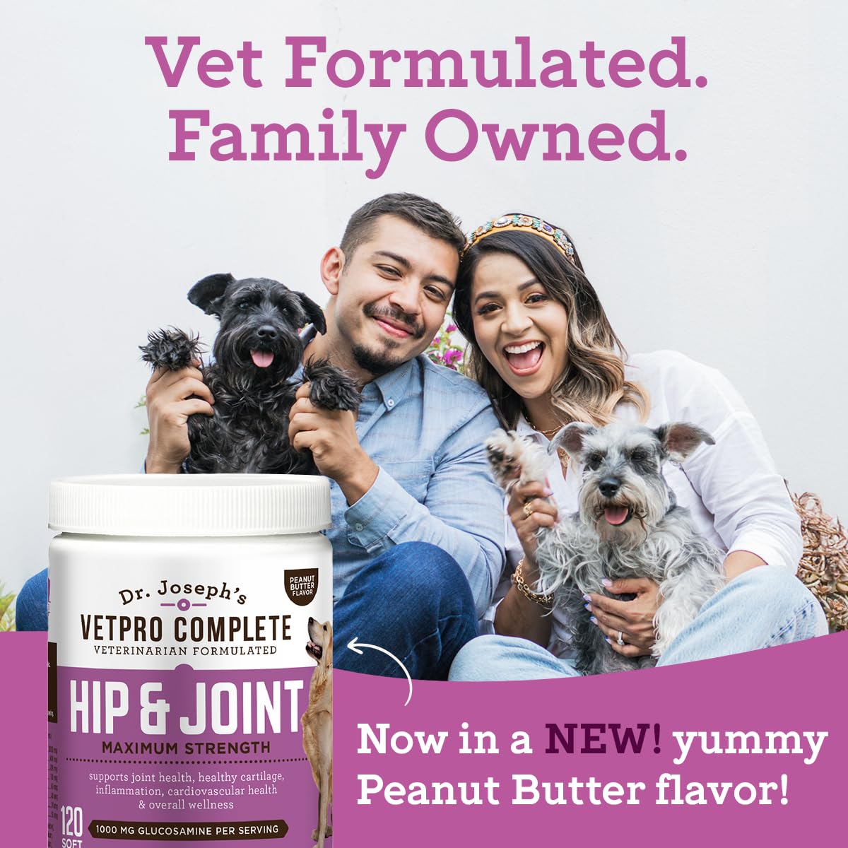 VetPro Complete jar with dog nearby signals convenient daily chew regimen.