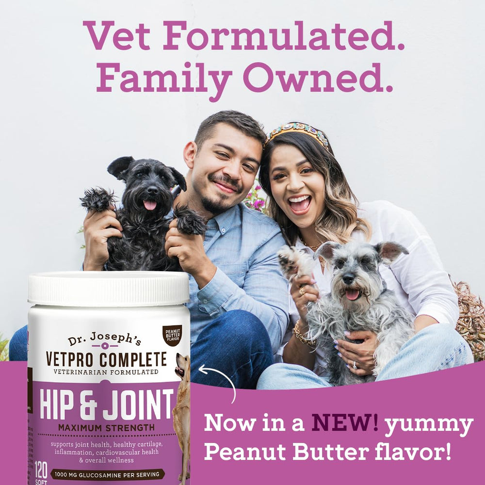 VetPro Complete jar with dog nearby signals convenient daily chew regimen.