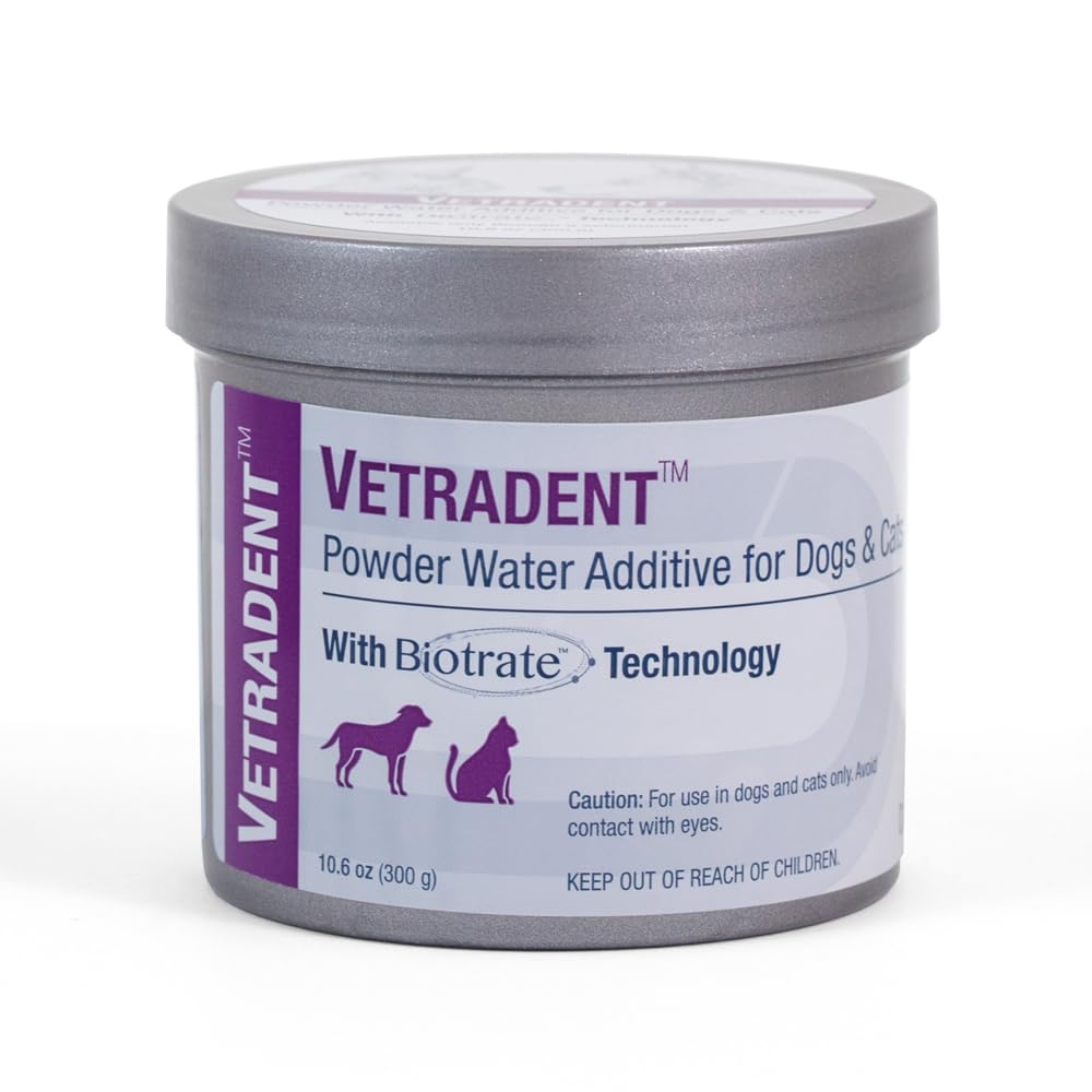 Vetradent powder water additive bottle pour enables simple daily dosing for multi-pet homes.