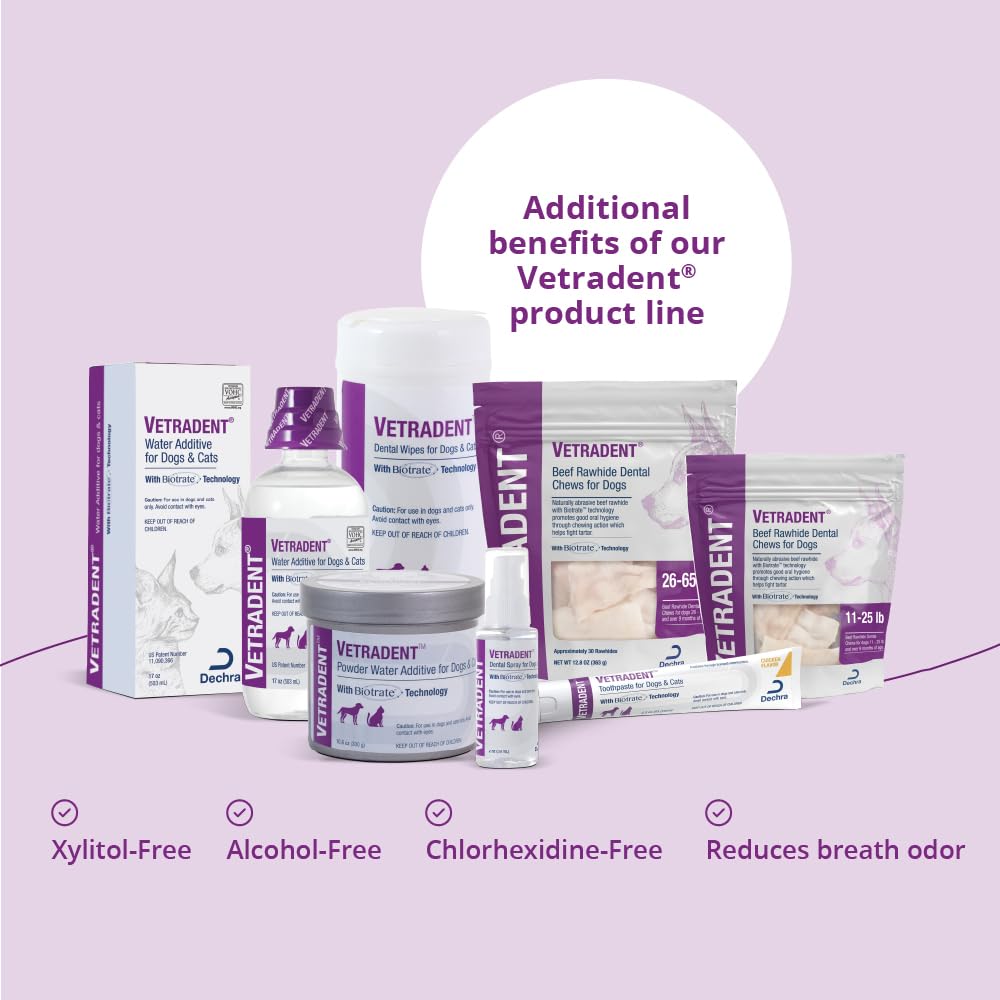 Vetradent dissolving powder in water shows quick, mess-free mixing.