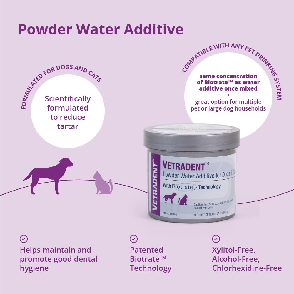 Vetradent powder water additive measuring scoop demonstrates precise dosing for consistency.