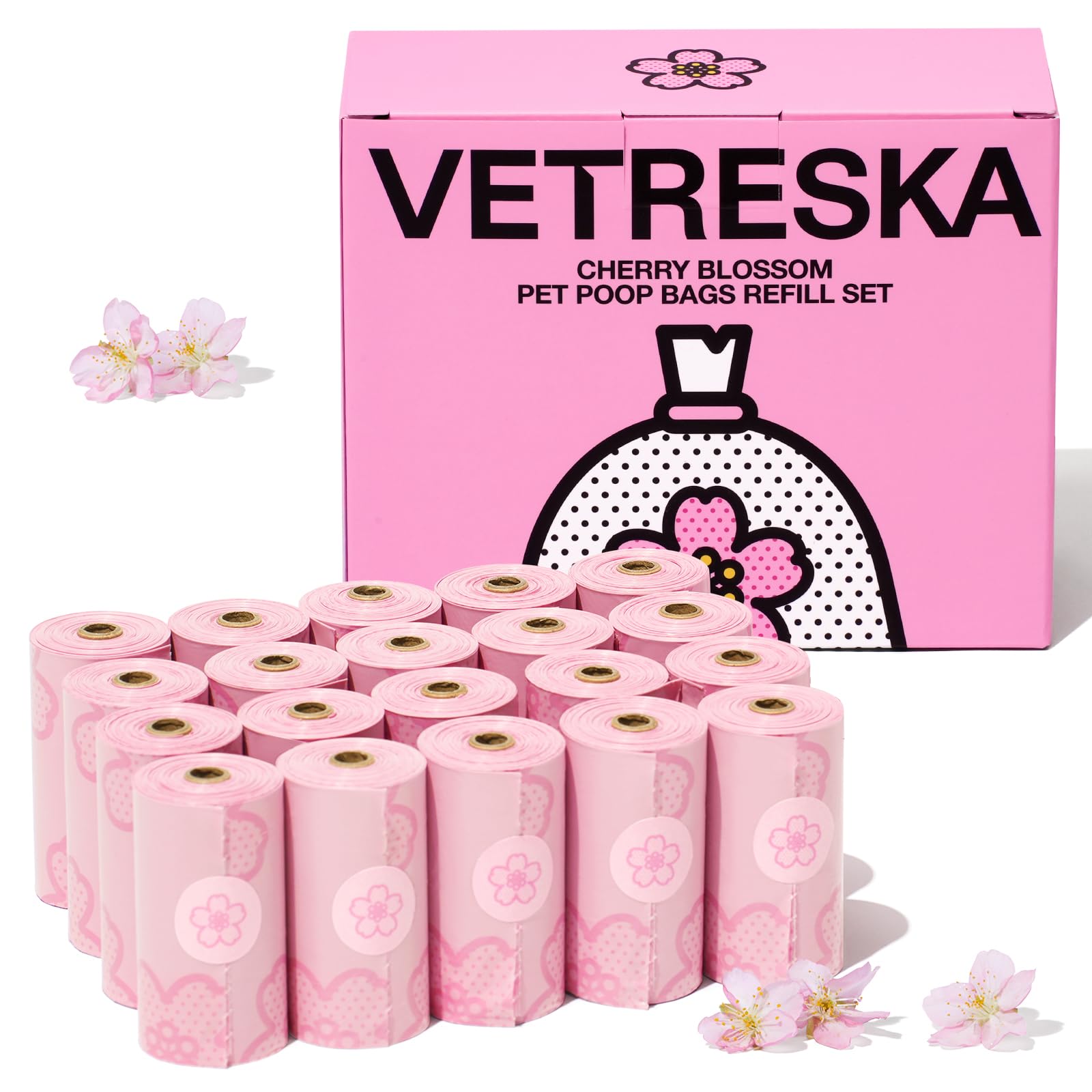 VETRESKA cherry blossom poop bags in pink packaging for cleaner dog walks