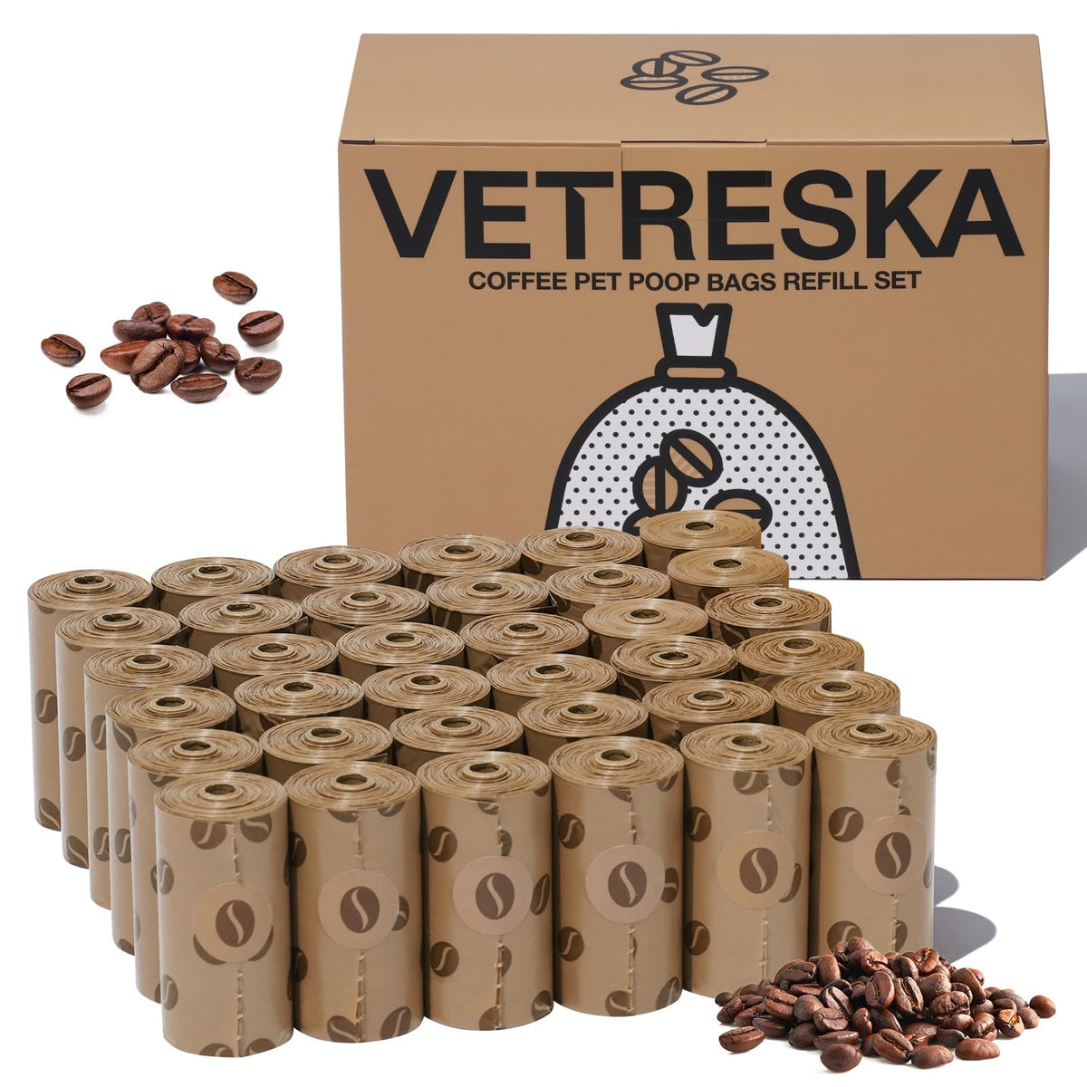VETRESKA dog poop bags 540-count coffee scented for odor control during pickups.