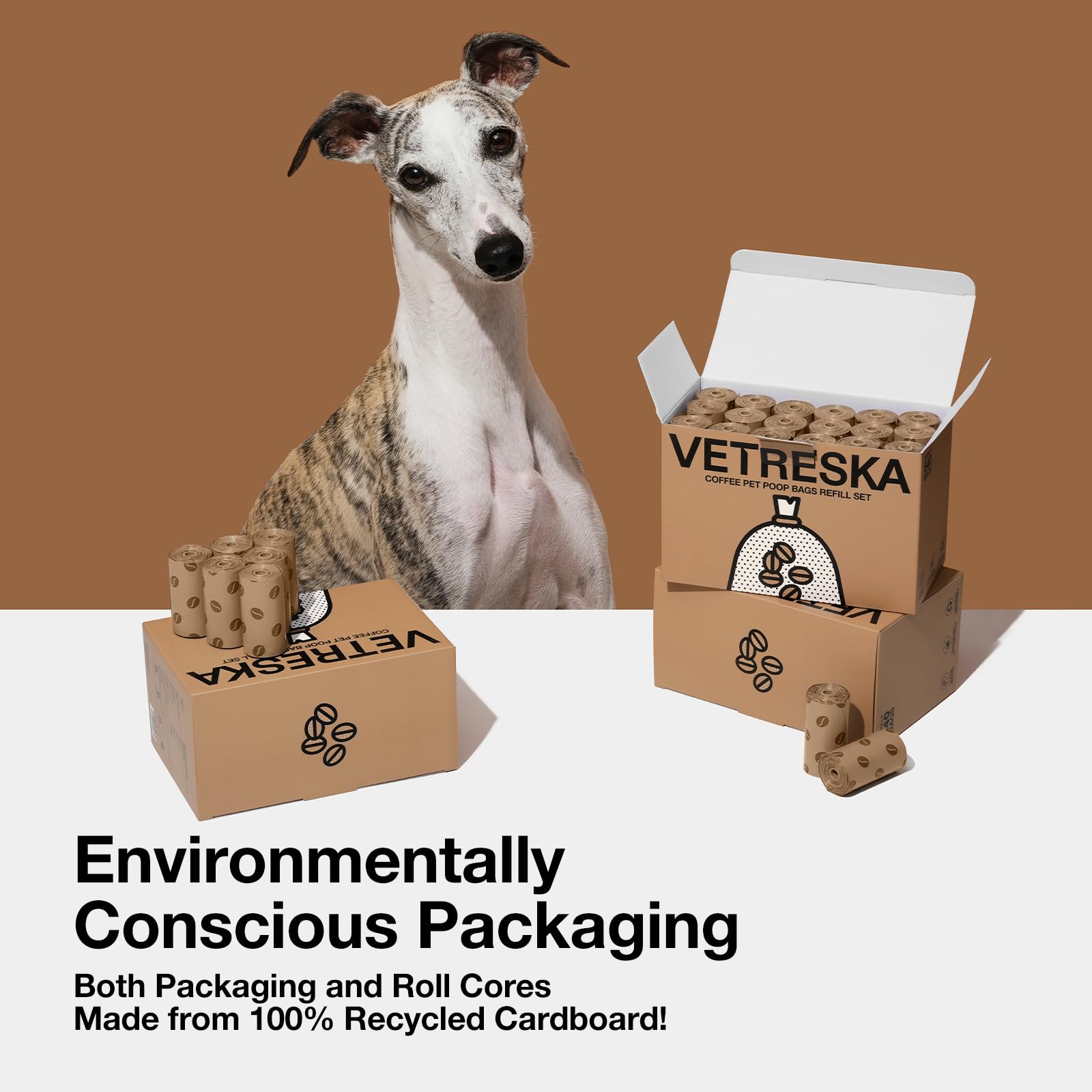 VETRESKA coffee scented poop bags enhance the cleanup experience.