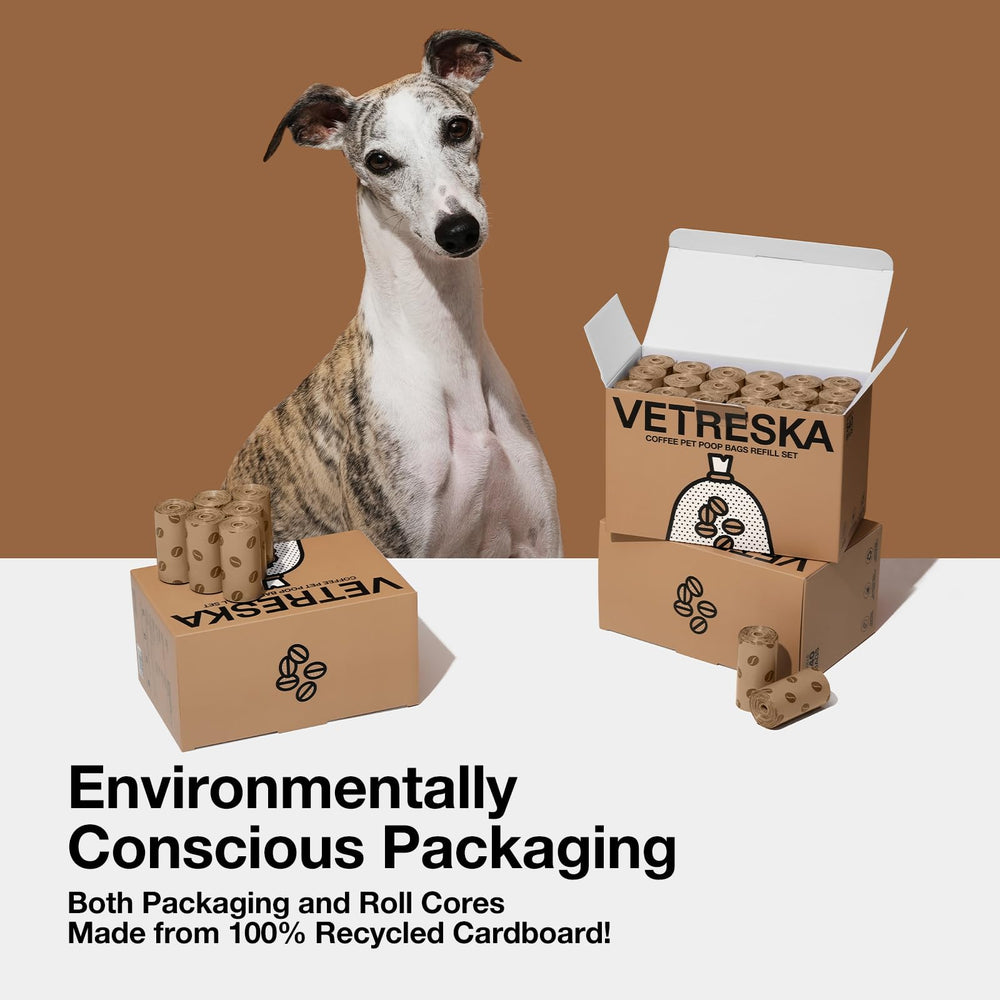 VETRESKA coffee scented poop bags enhance the cleanup experience.