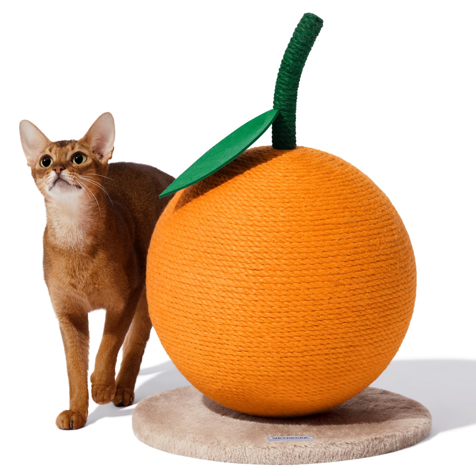 VETRESKA Orange cat scratching post side view demonstrates sturdy base for indoor play