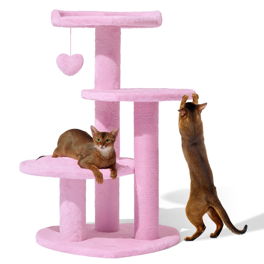 VETRESKA pink cat tree front view shows sturdy base for active cats.