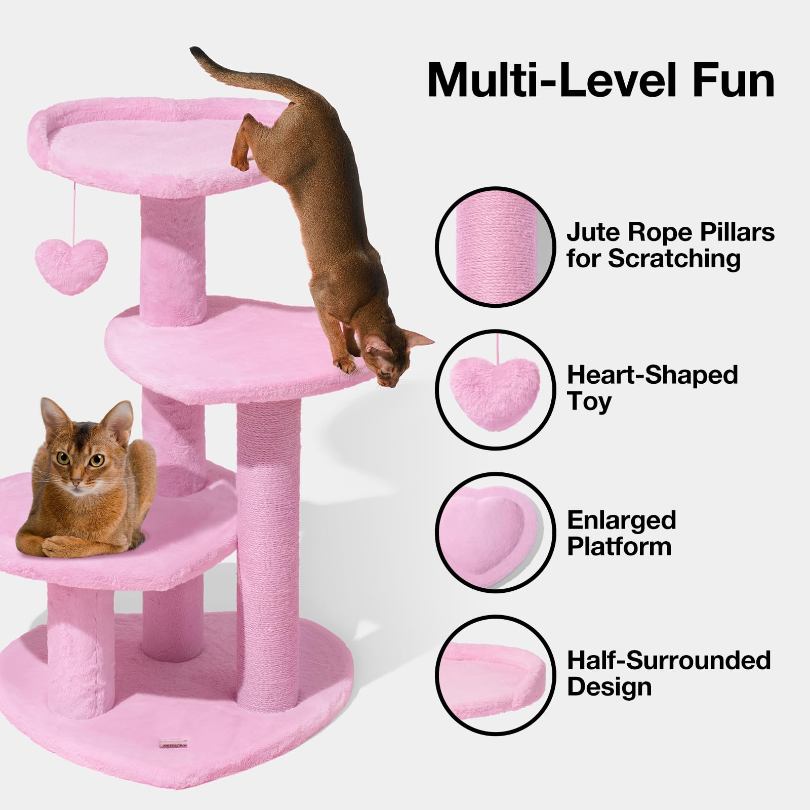 VETRESKA pink cat tree side view demonstrates multi-level climbing options for play.