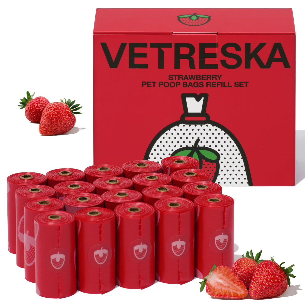 VETRESKA strawberry scented dog poop bags packaging highlights eco-friendly materials.