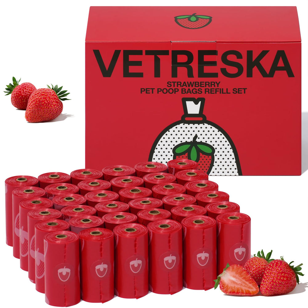 VETRESKA strawberry scented poop bags packaging shows odor-control design for walks.