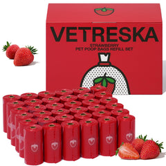 VETRESKA strawberry scented poop bags packaging shows odor-control design for walks.