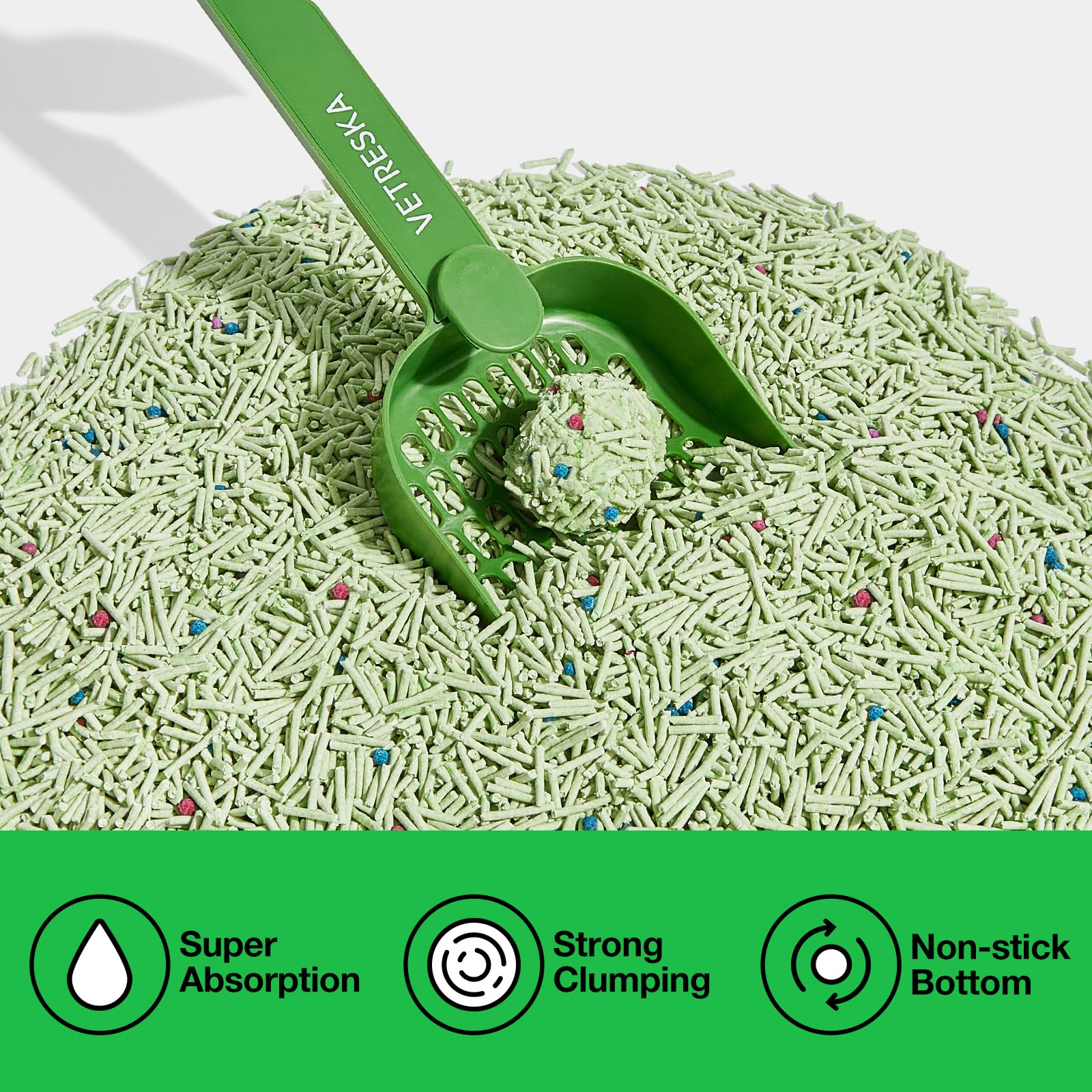 VETRESKA tofu cat litter on a surface with reduced dust for cleaner air.