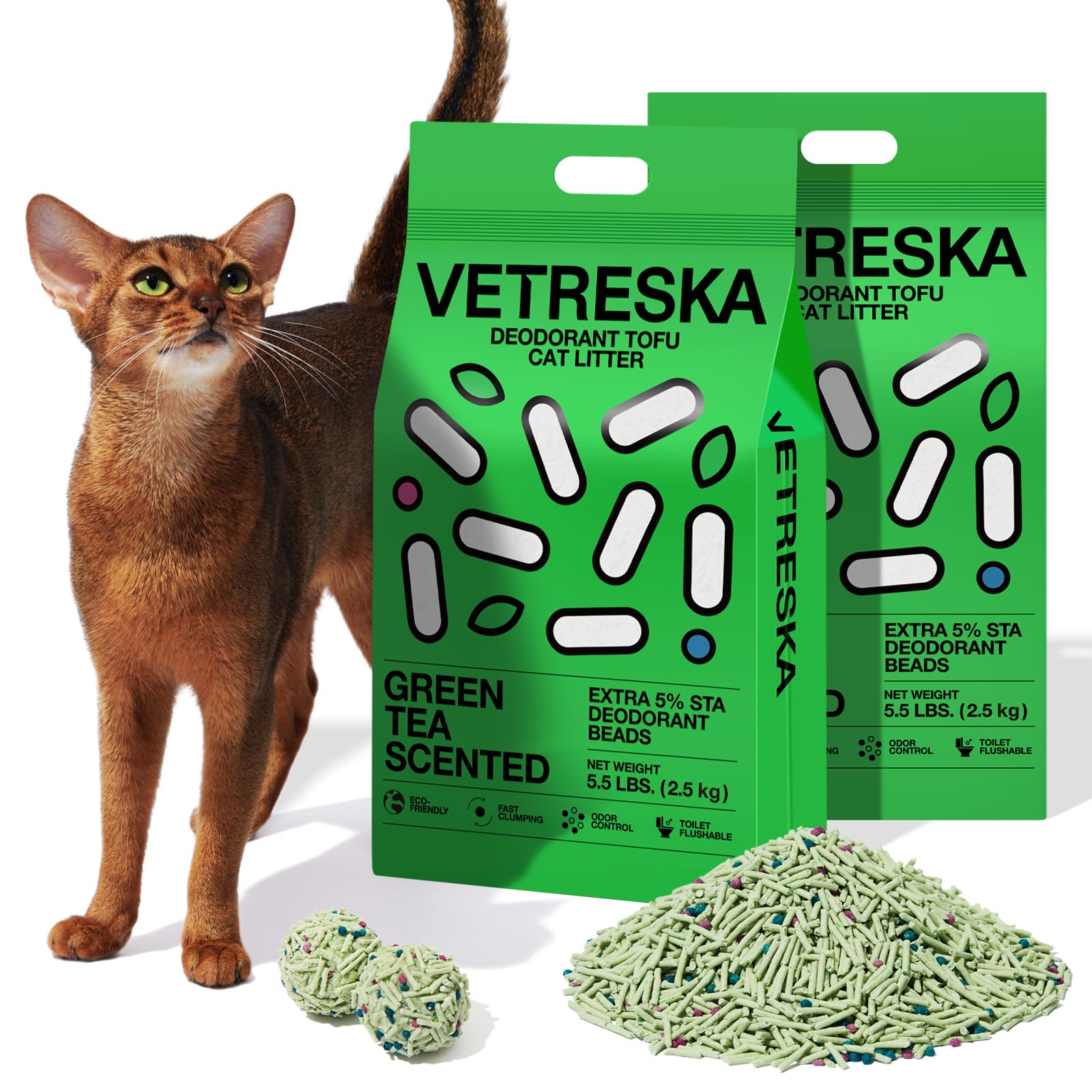 VETRESKA tofu cat litter packaging shows inner vacuum bag for storage.