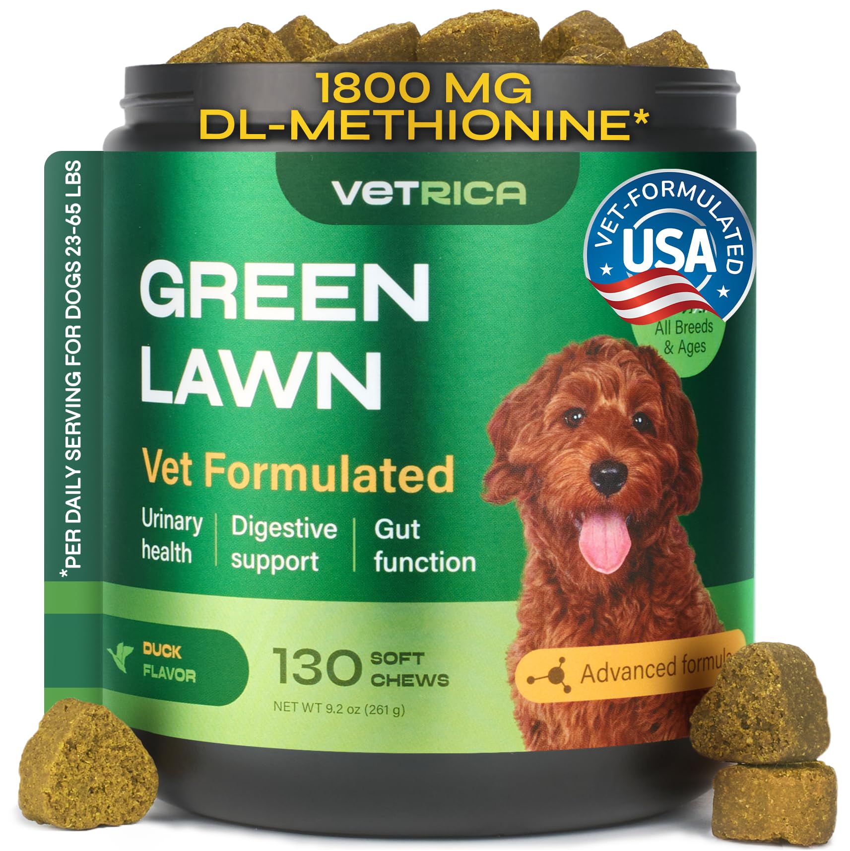 Vetrica dog urine neutralizer lawn bottle shows lawn protection and urine burn reduction.