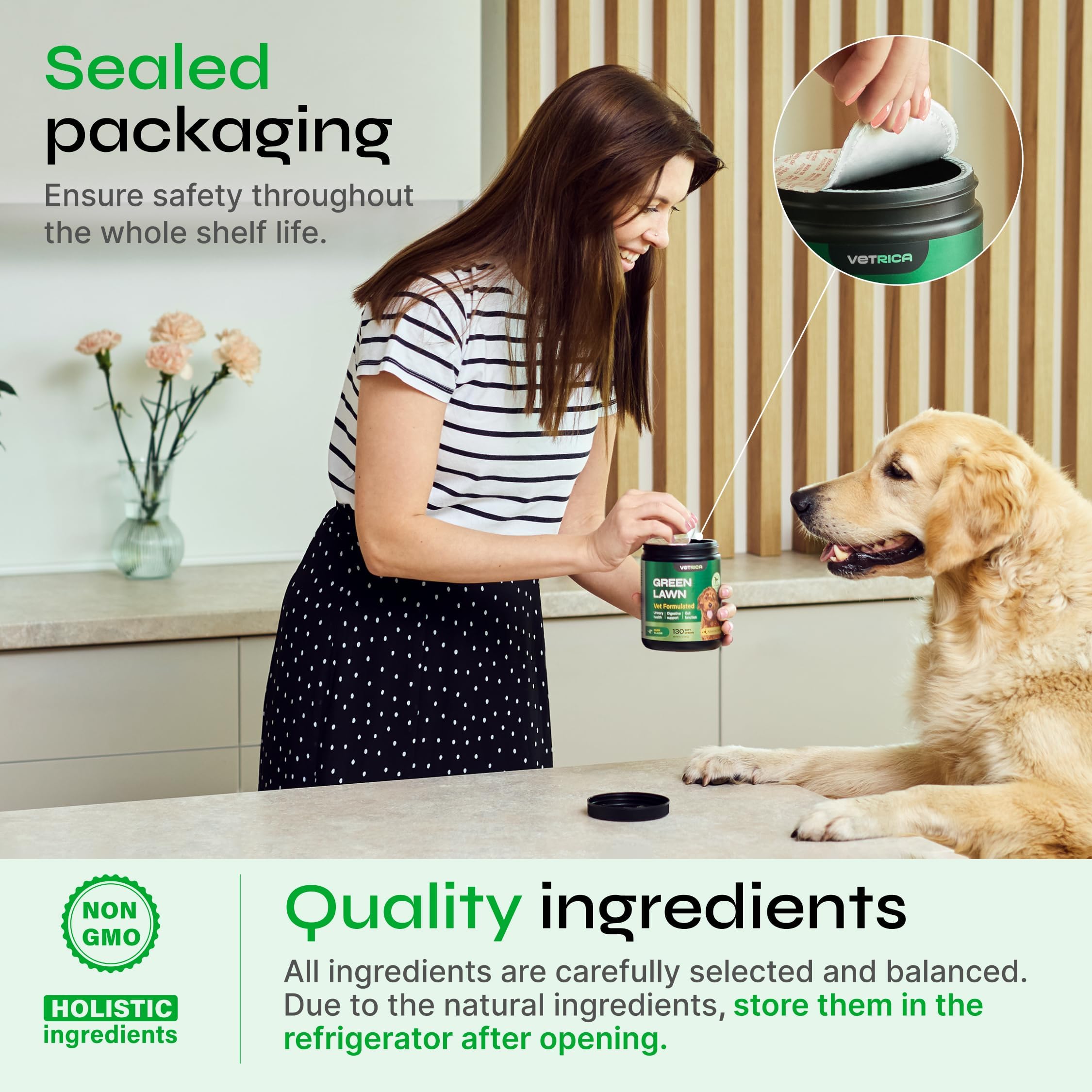 Vetrica packaging front showcasing green lawn treats and chews.