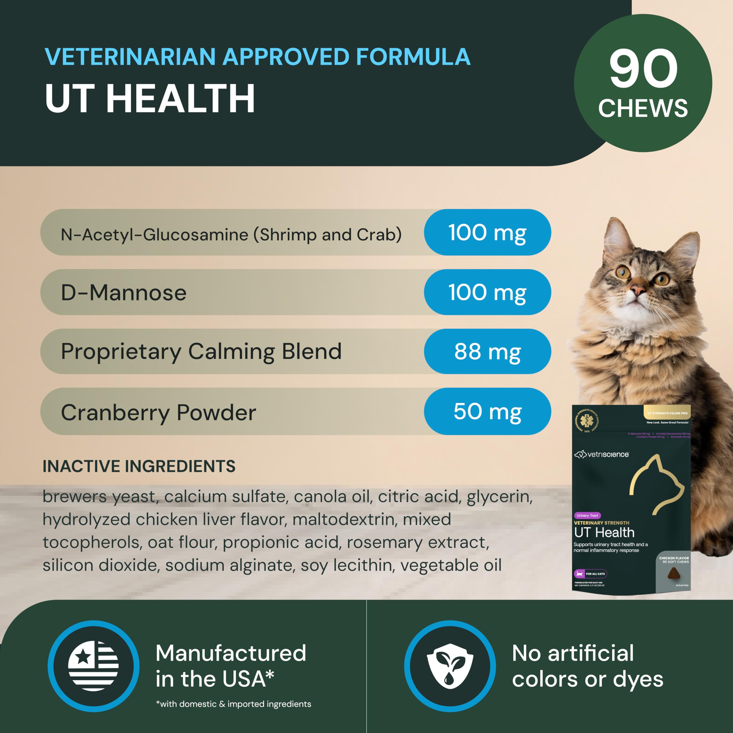 VetriScience UT Health Chews calming blend illustration for stress-relief during urinary care.