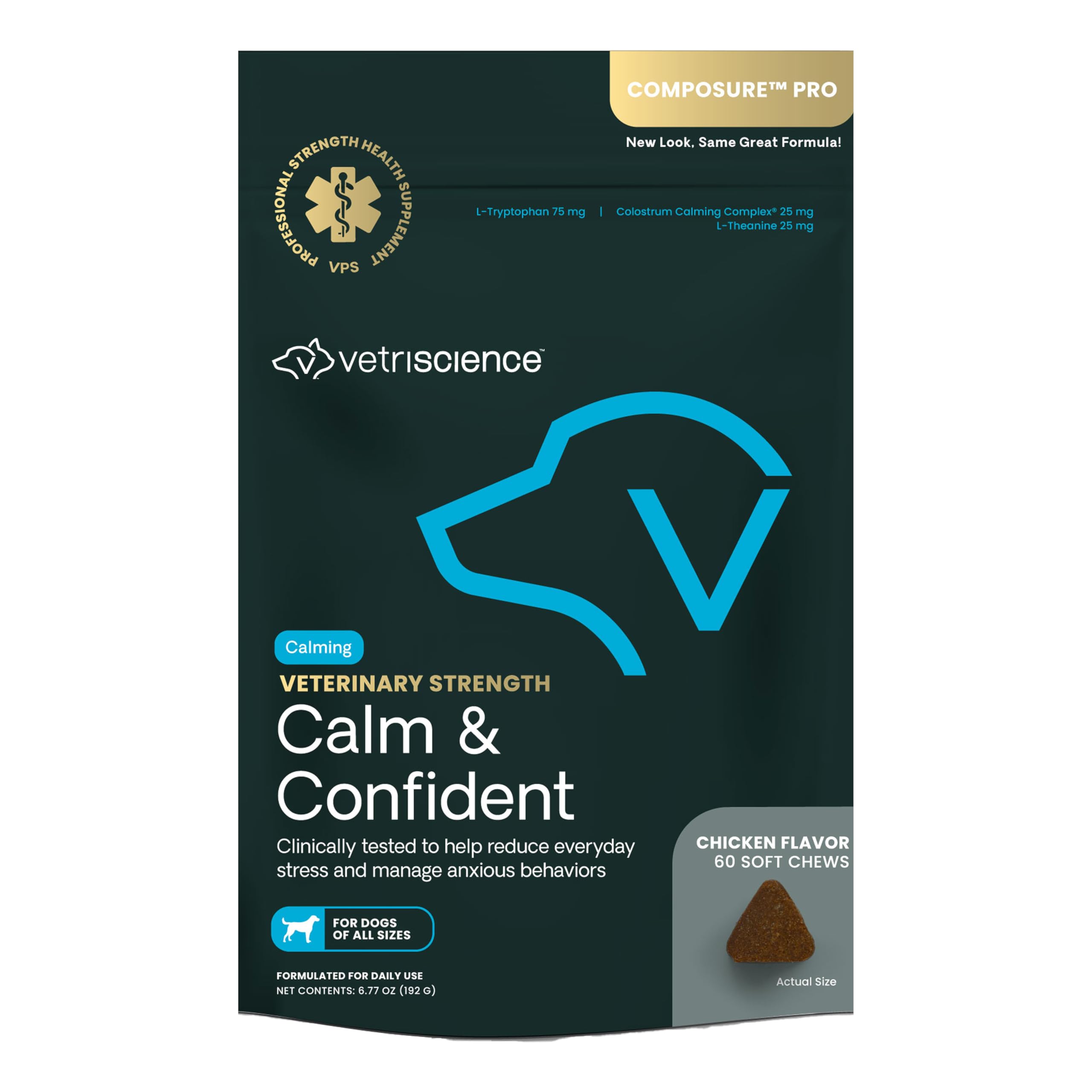 VetriScience Calm & Confident Chews bottle closeup for pet calming support.