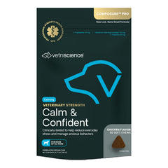 VetriScience Calm & Confident Chews bottle closeup for pet calming support.
