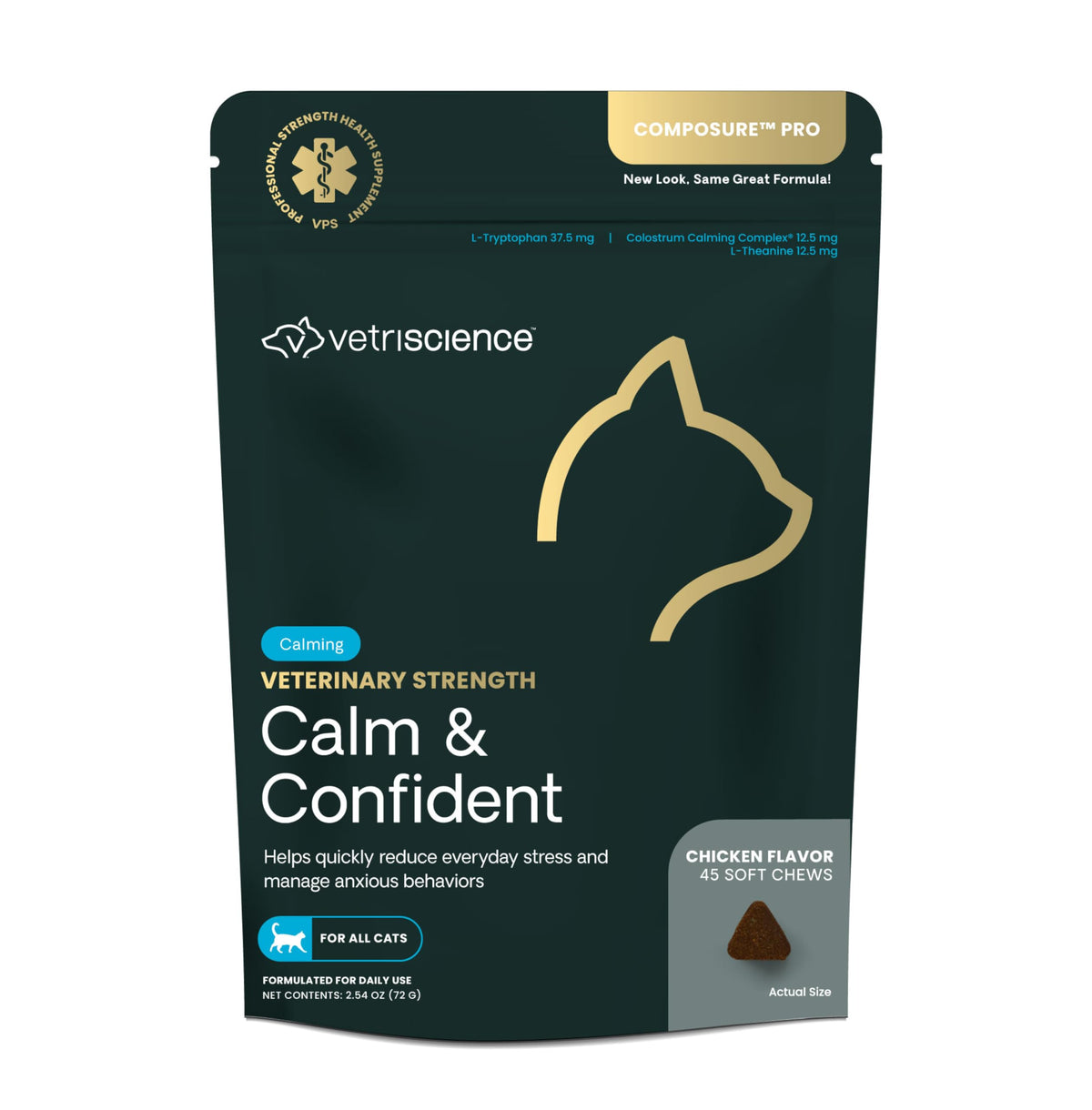 VetriScience Calm & Confident chews cat bottle: simple daily stress support for cats.