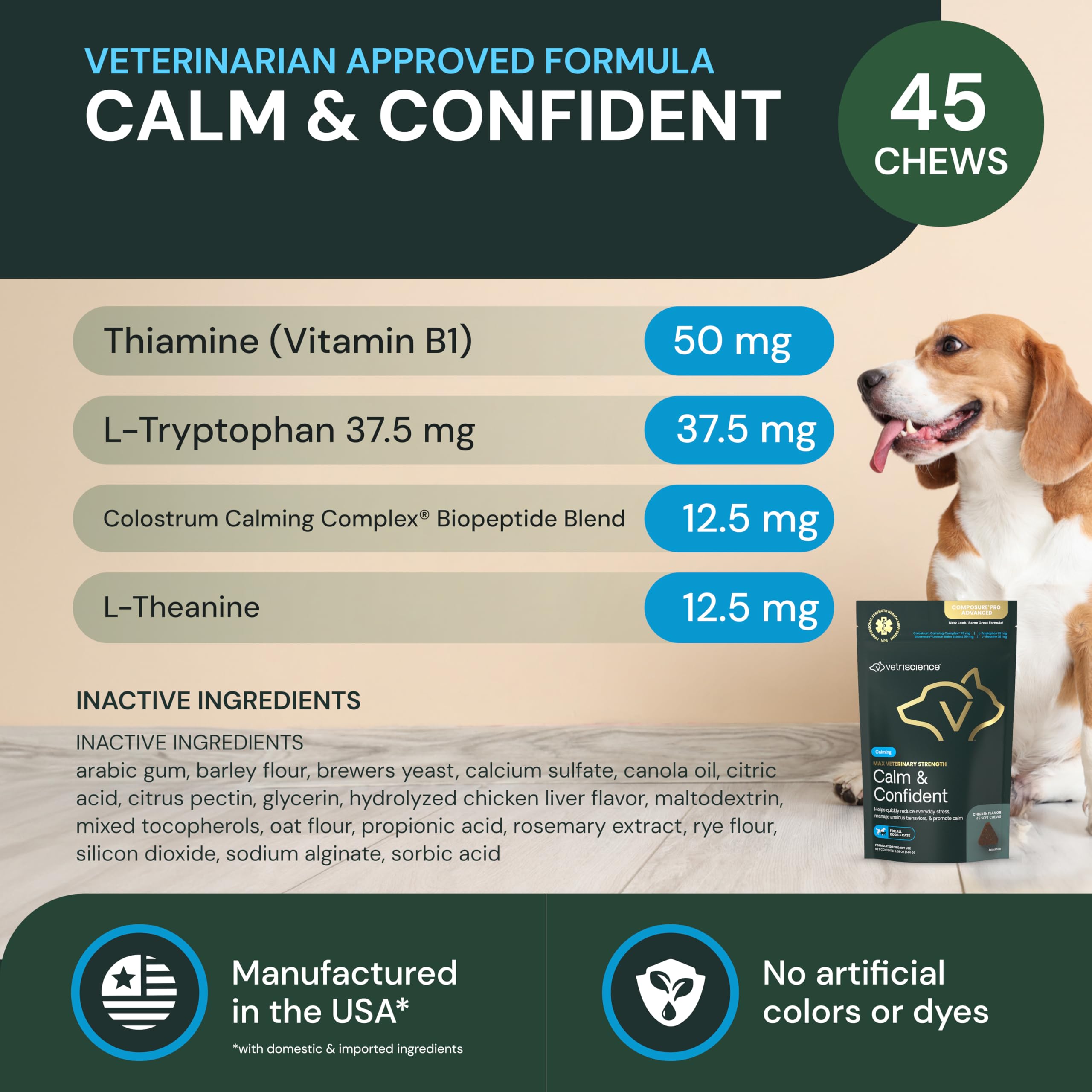 VetriScience Calm & Confident chews ingredients-l-theanine: supports brain function during stressful events.