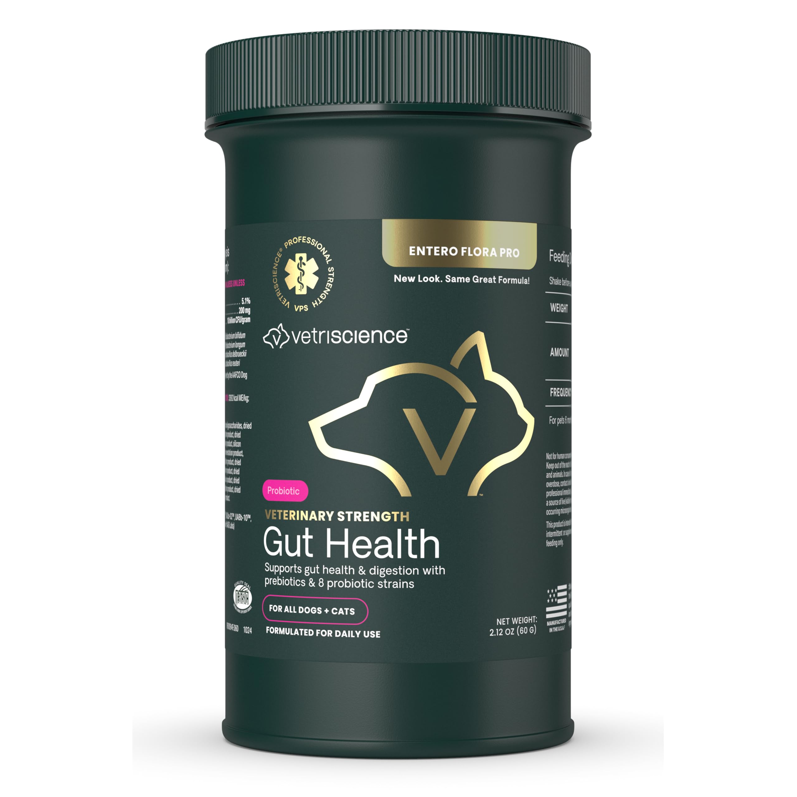 VetriScience Gut Health Powder bottle for dogs and cats providing easy probiotic support.