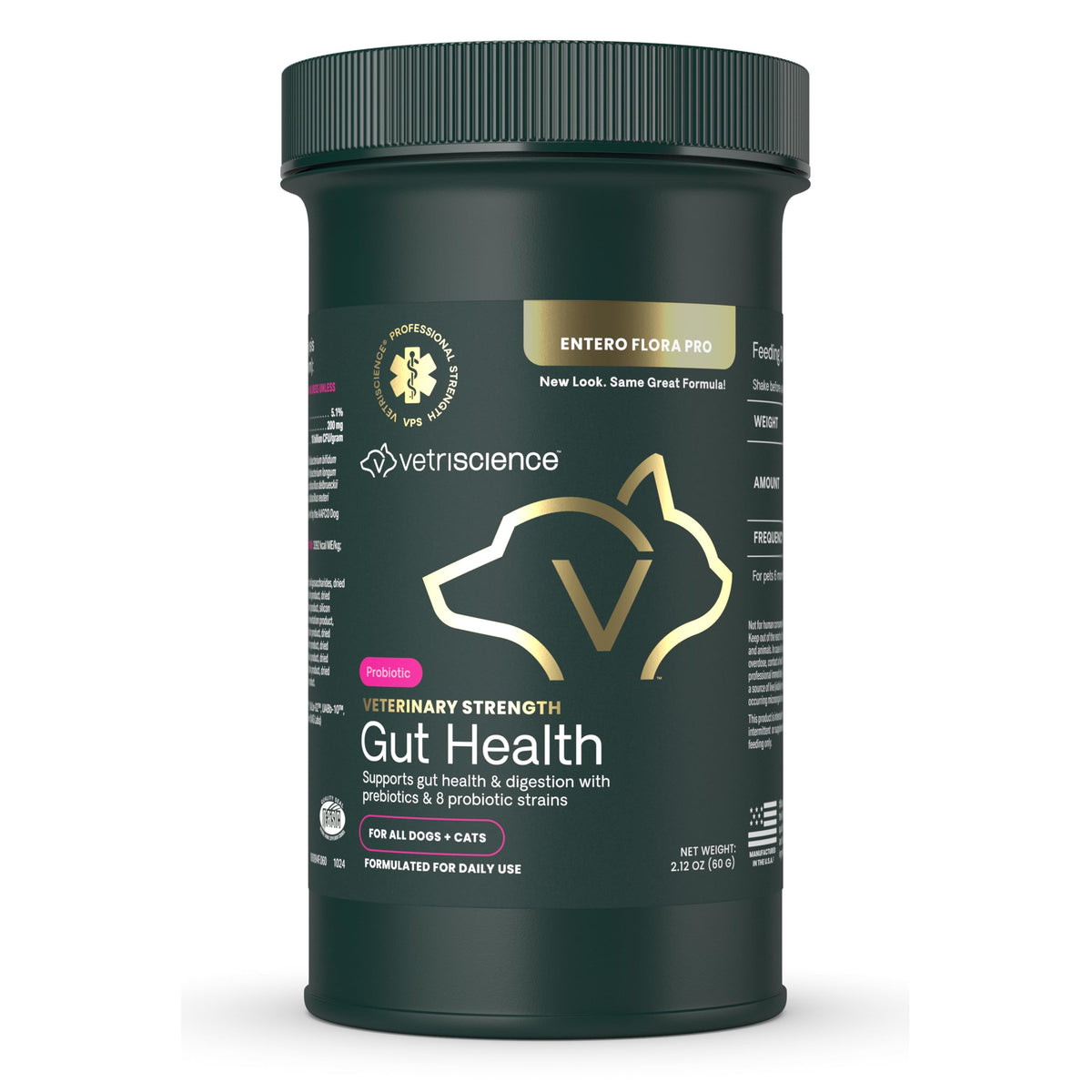 VetriScience Gut Health Powder bottle for dogs and cats providing easy probiotic support.
