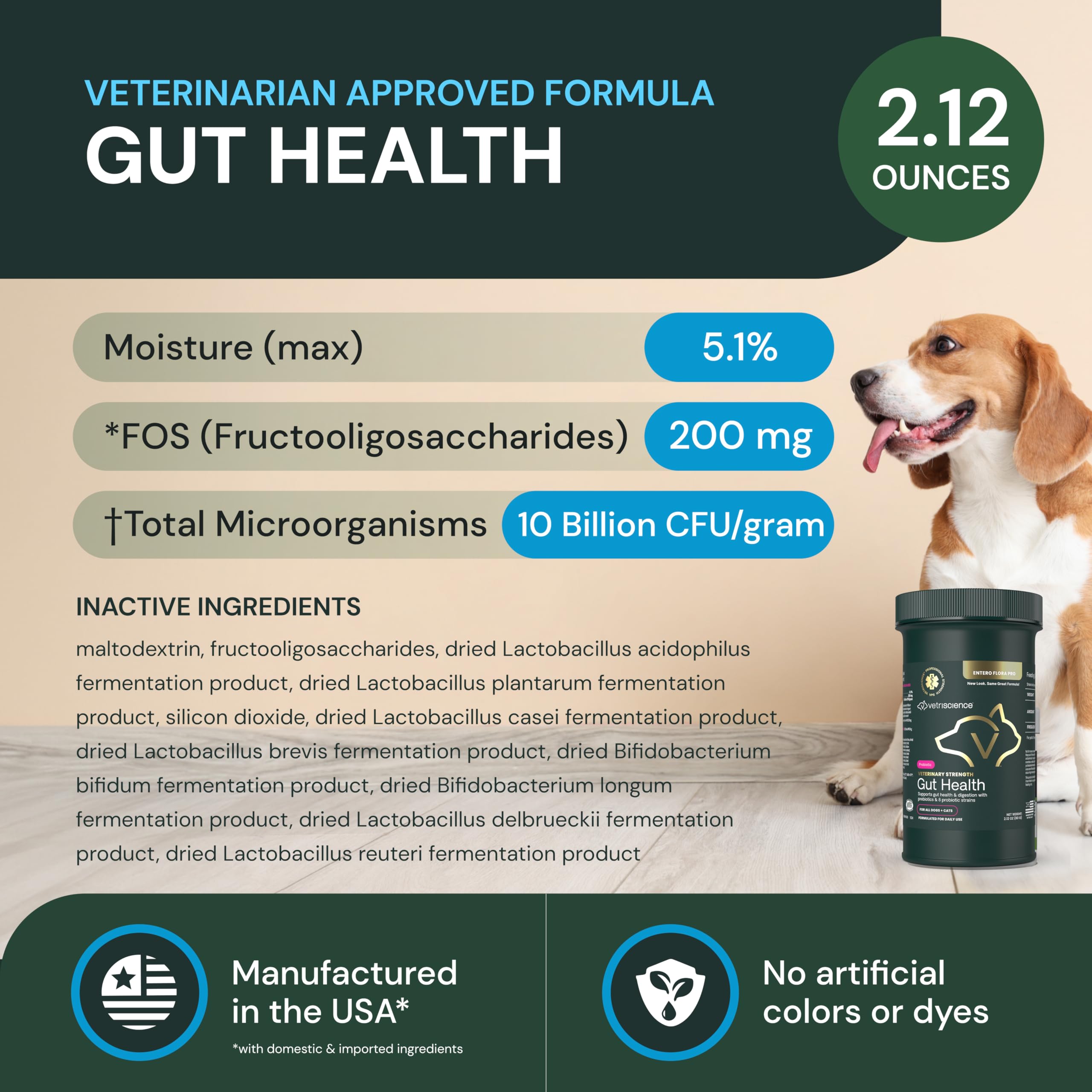 VetriScience Gut Health Powder being poured into pet food for tasteless blending.