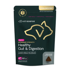VETRISCIENCE Healthy Gut Digestion bottle pour demonstrates probiotic delivery for dogs and cats.