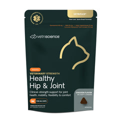 VetriScience Healthy Hip Joint Chews bottle front, highlighting clinical-strength feline mobility support