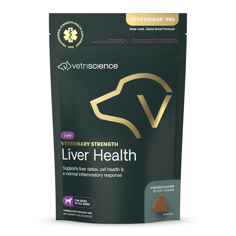 VetriScience liver health chews bottle closeup—premium liver support for dogs