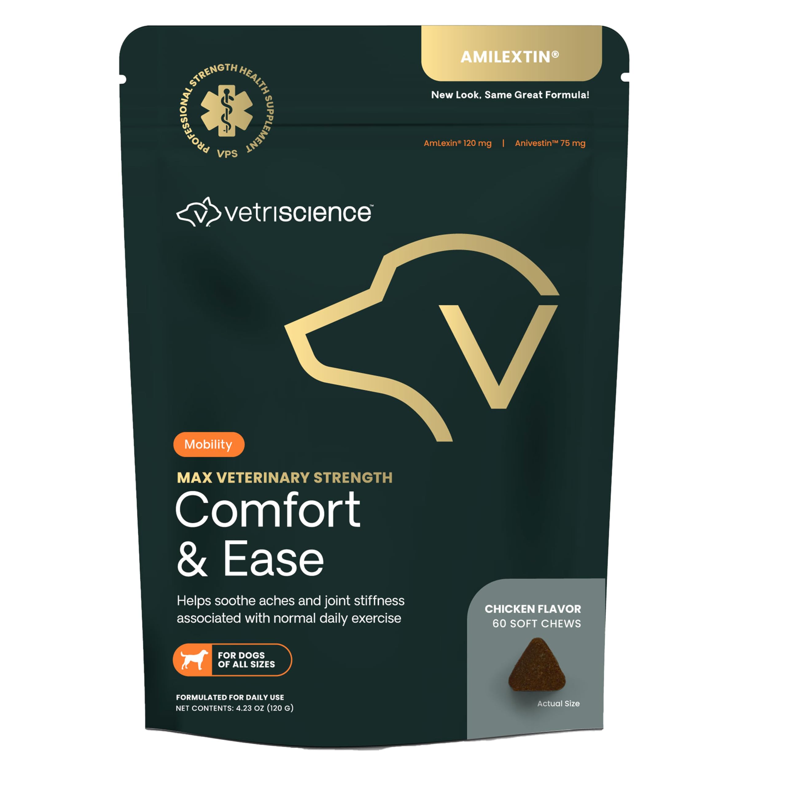 VetriScience Max Comfort & Ease chews bottle promotes dog joint support for daily activity.