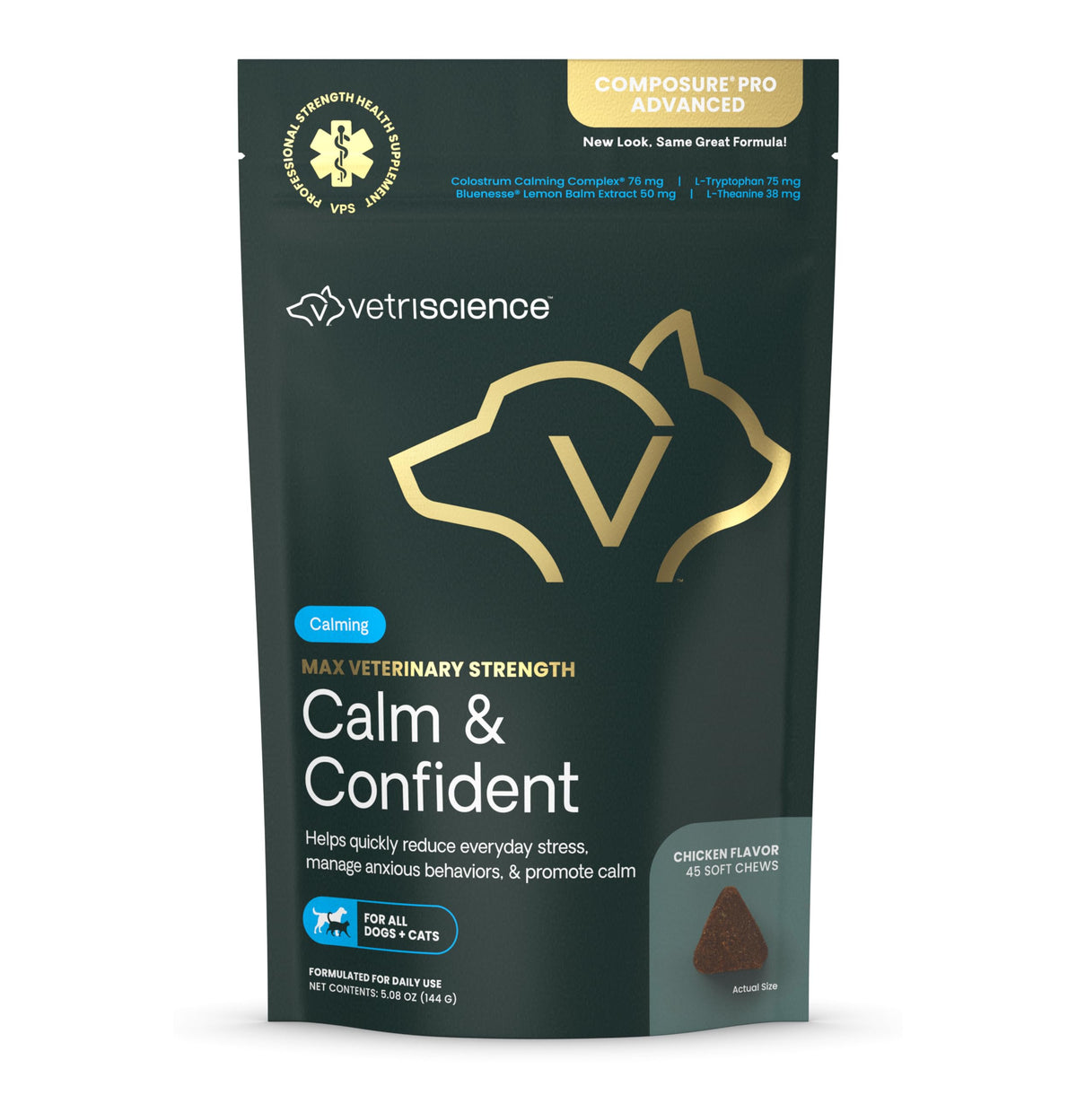 VetriScience Max bottle showing calming chews for pets for non-drowsy stress support