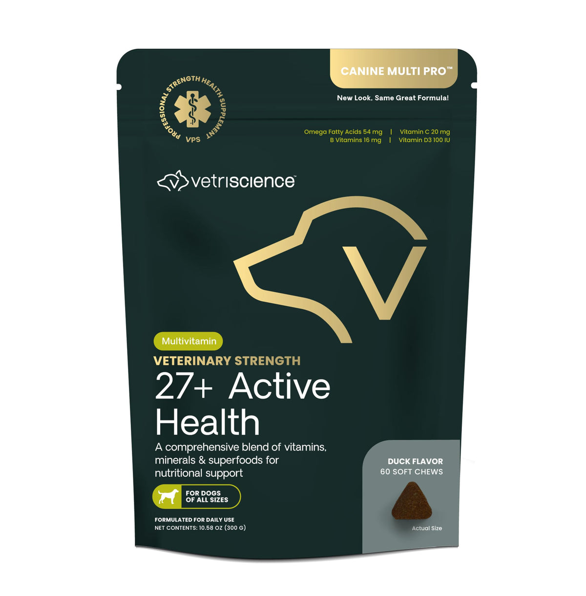 VetriScience Vet Strength 27+ bottle – daily wellness multivitamin for dogs.