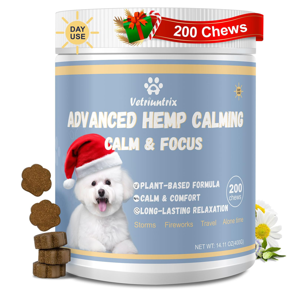 Vetriuntrix Calming Chews bottle front for dog stress support and easy dosing.