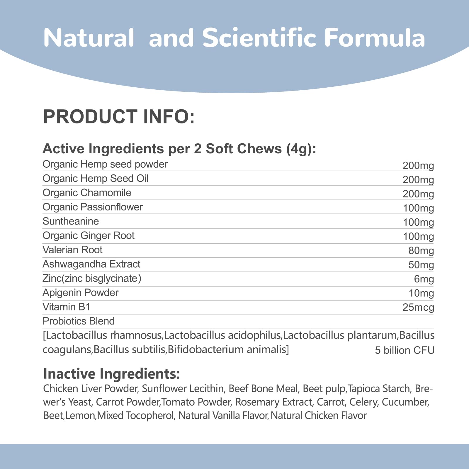Vetriuntrix Calming Chews packaging with dosage and ingredient details.
