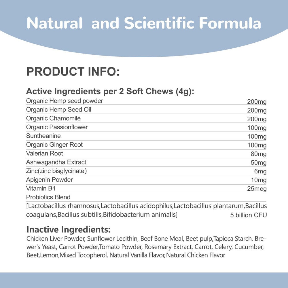 Vetriuntrix Calming Chews packaging with dosage and ingredient details.