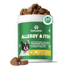 Vetriuntrix Dog Allergy Chews bottle front shows chicken flavor for itch relief.