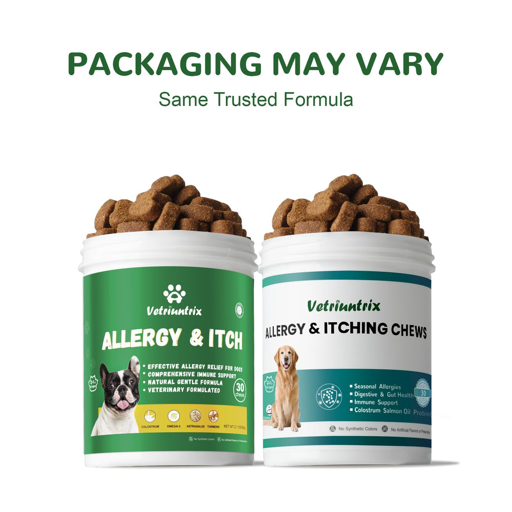 Vetriuntrix dog allergy chews beside a healthy coat shine illustrating coat support.