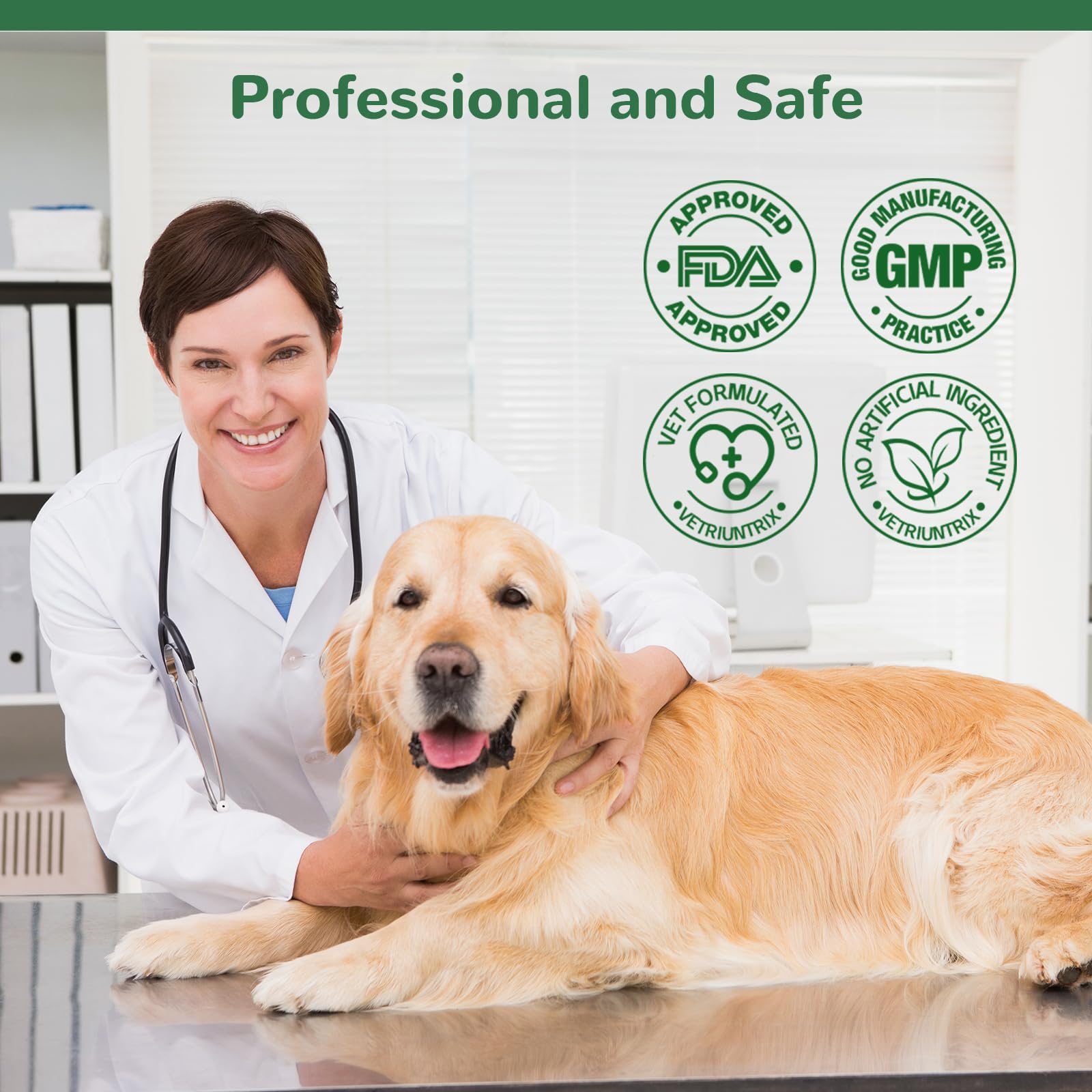 Vetriuntrix Dog Allergy Chews ingredients panel shows probiotics and colostrum.