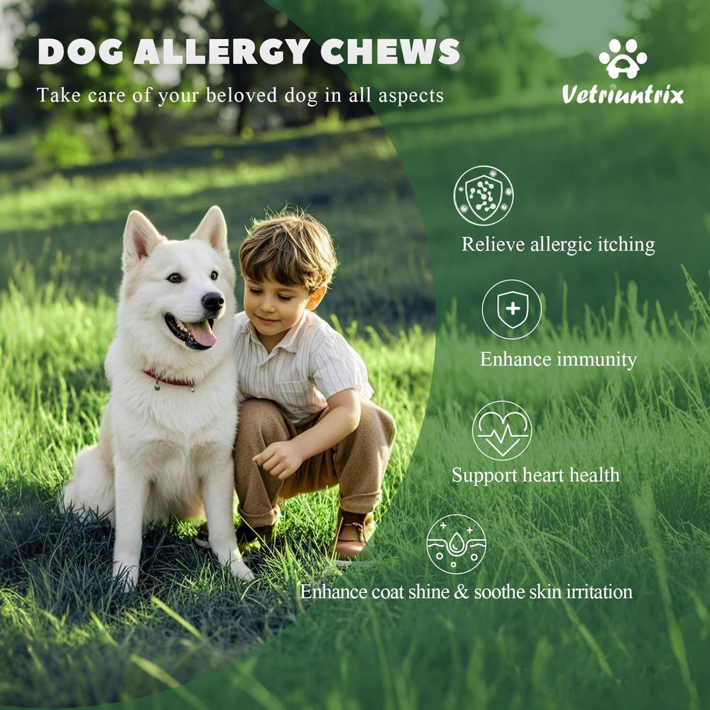 Vetriuntrix dog allergy chews jar back shows label and lab-tested assurance.