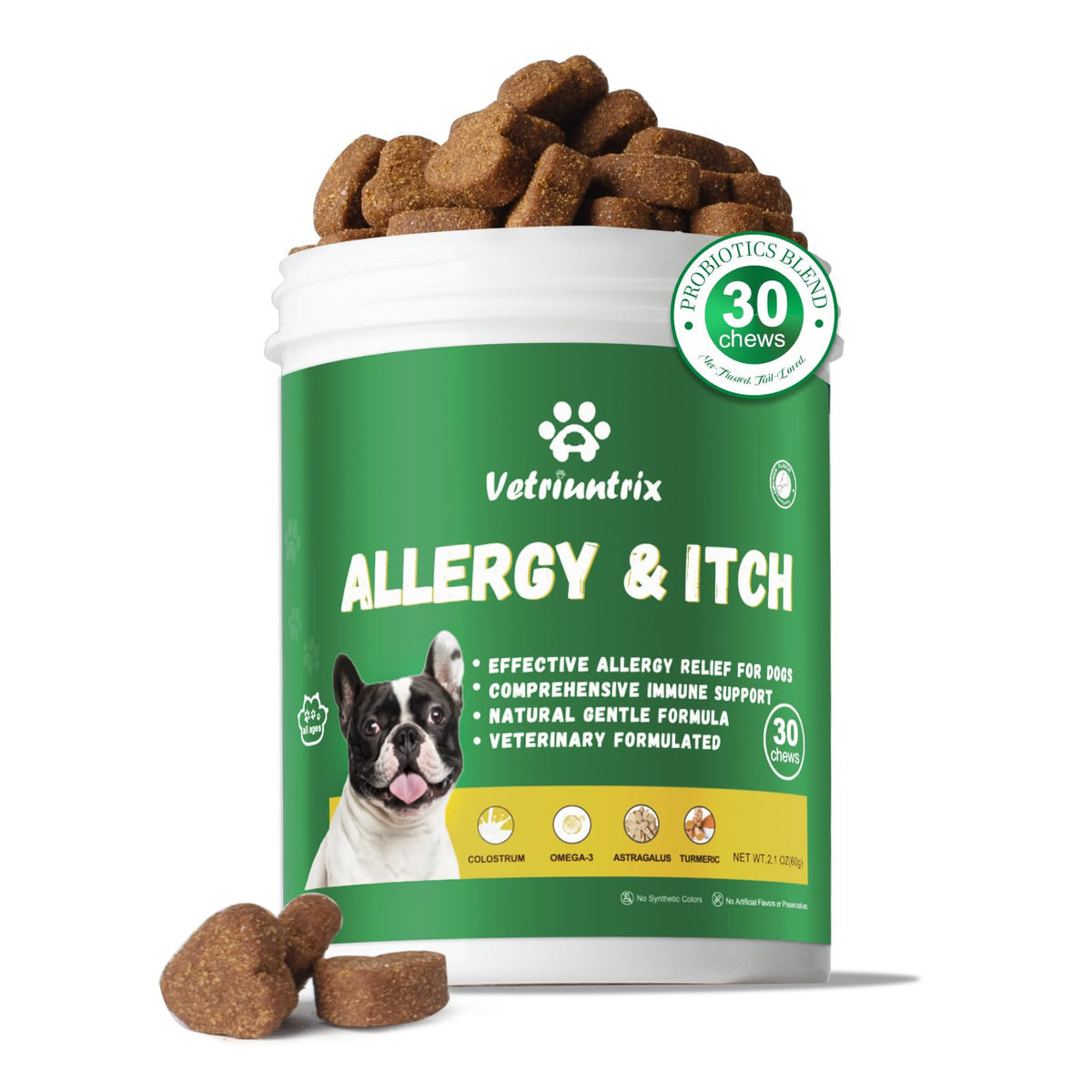 Vetriuntrix dog allergy chews jar front view highlighting easy paw relief support.