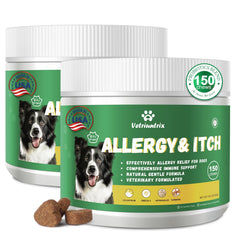 Vetriuntrix dog allergy chews jar front showing ingredients for itchy skin relief