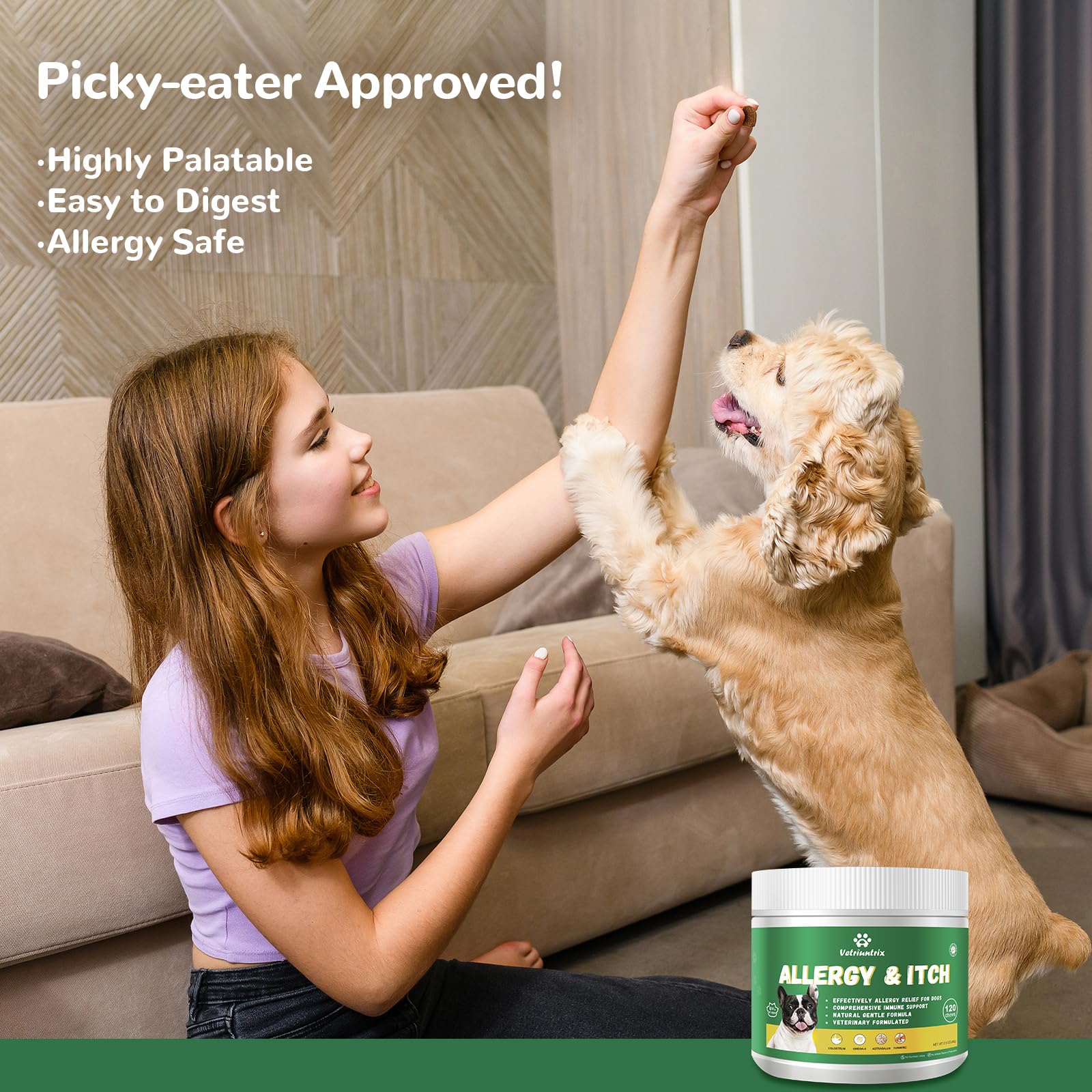Vetriuntrix Dog Allergy Chews paw-relief use case on dog paws.