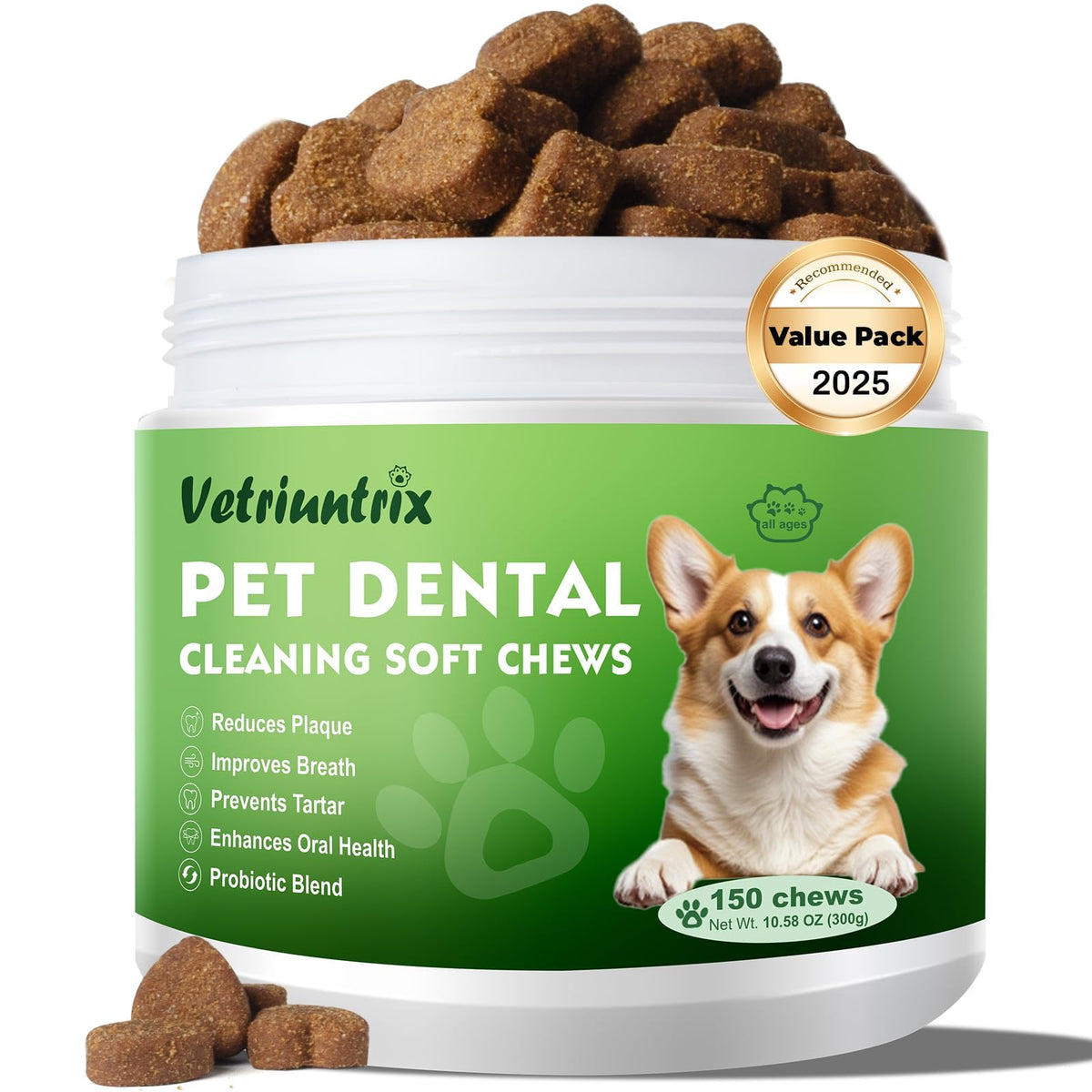 Vetriuntrix dog teeth chews package box promotes easy at-home dental care