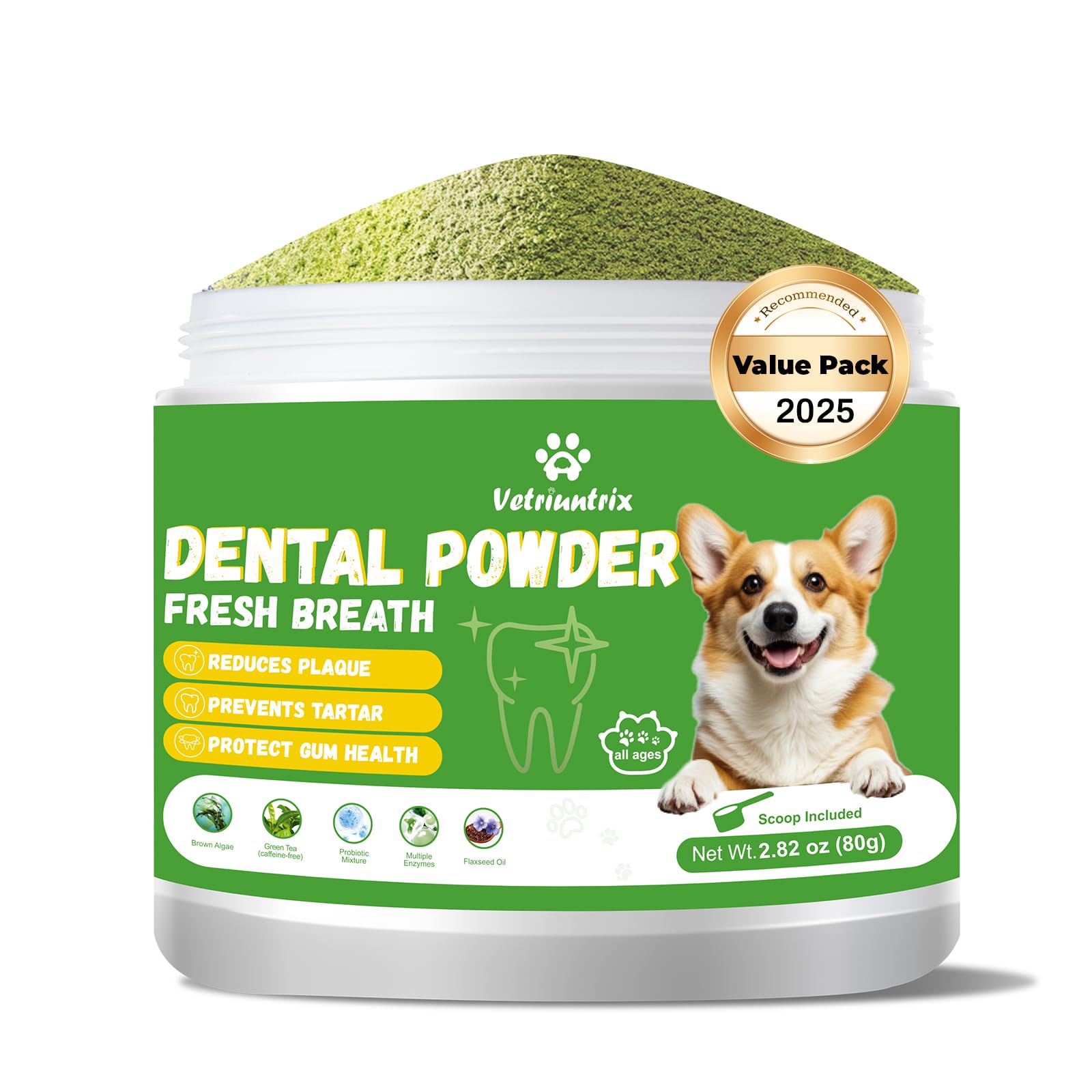 Vetriuntrix dog teeth cleaning powder bottle front for easy daily dental care